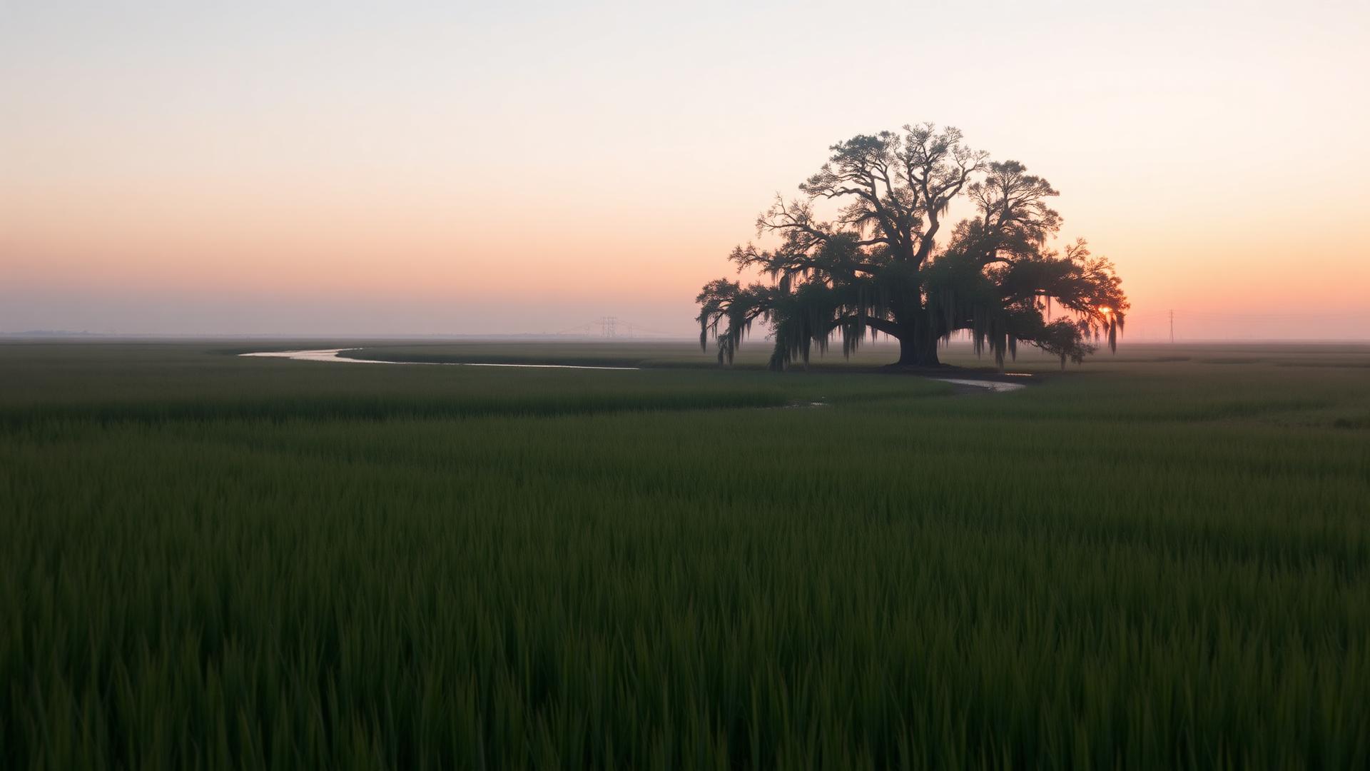 South Carolina Lowcountry marsh at golden hour with a live oak draped in Spanish moss