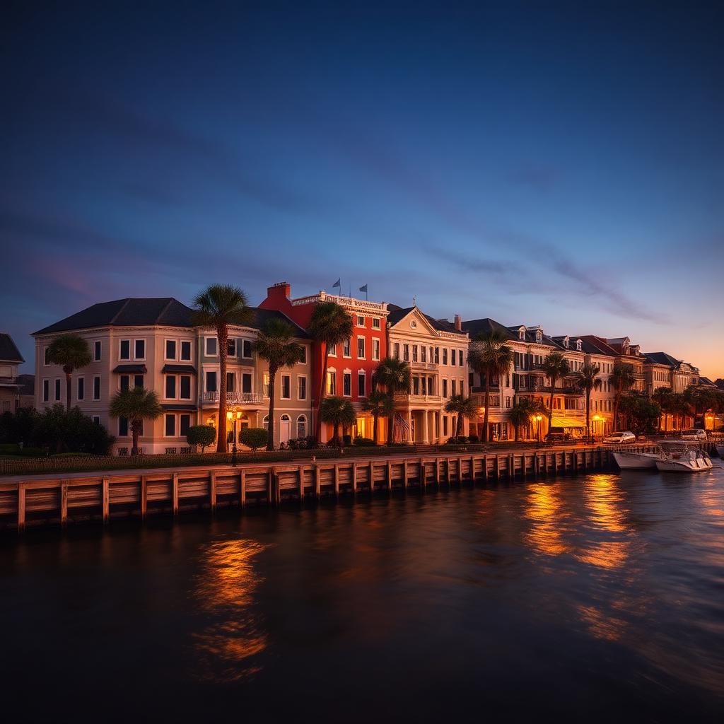 Charleston South Carolina historic waterfront at dusk
