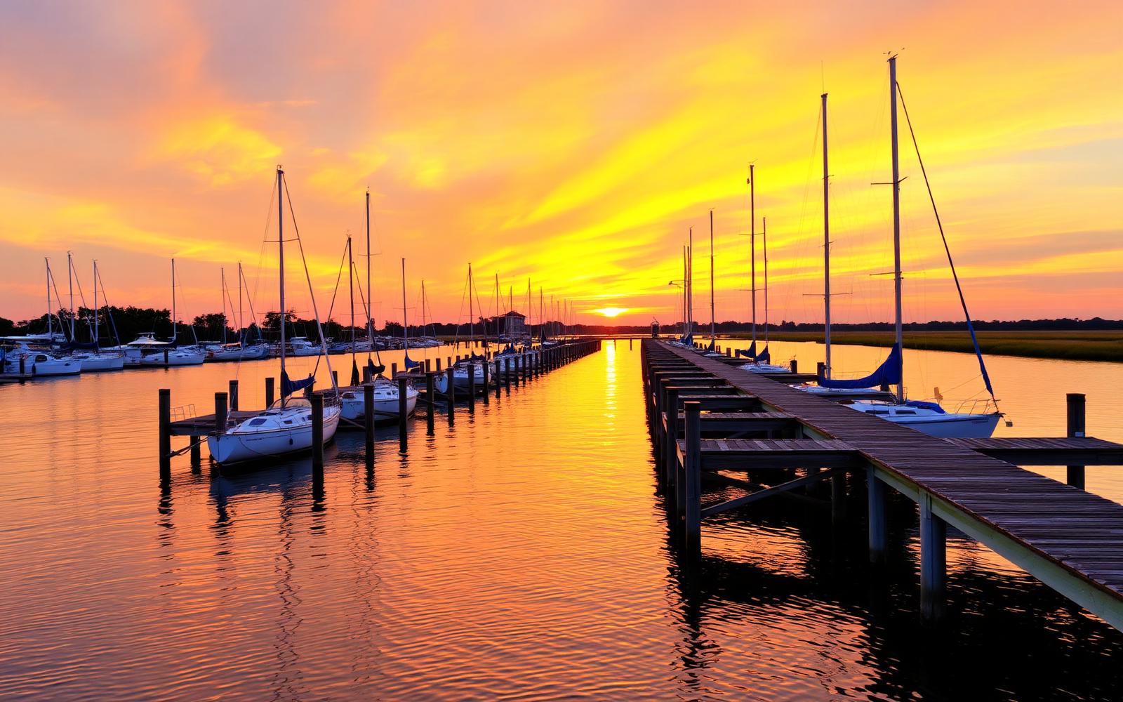 Intercoastal waterway at sunset with sailboats